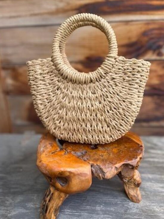 Mini Handwoven Rattan Straw Half Moon Boho Bag-Summer Beach Tote Crossbody - Picture 3 of 4